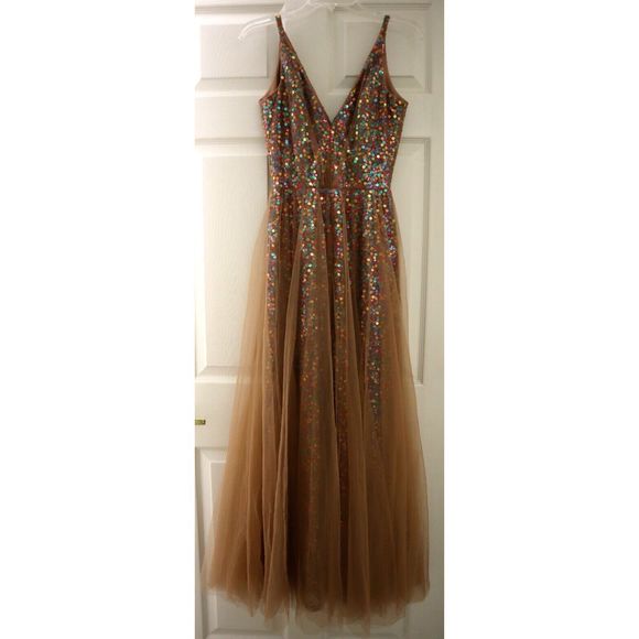 Dress The Population Sz XS Nude/Multi Ensley Sequin Embroidered Tulle Dress $298 - Picture 1 of 13